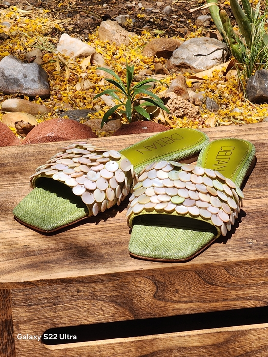 Deltan Shoes - Deltan Women's Flora Linen Pearl Disc Flat Sandals in Sublime Green, Size 6